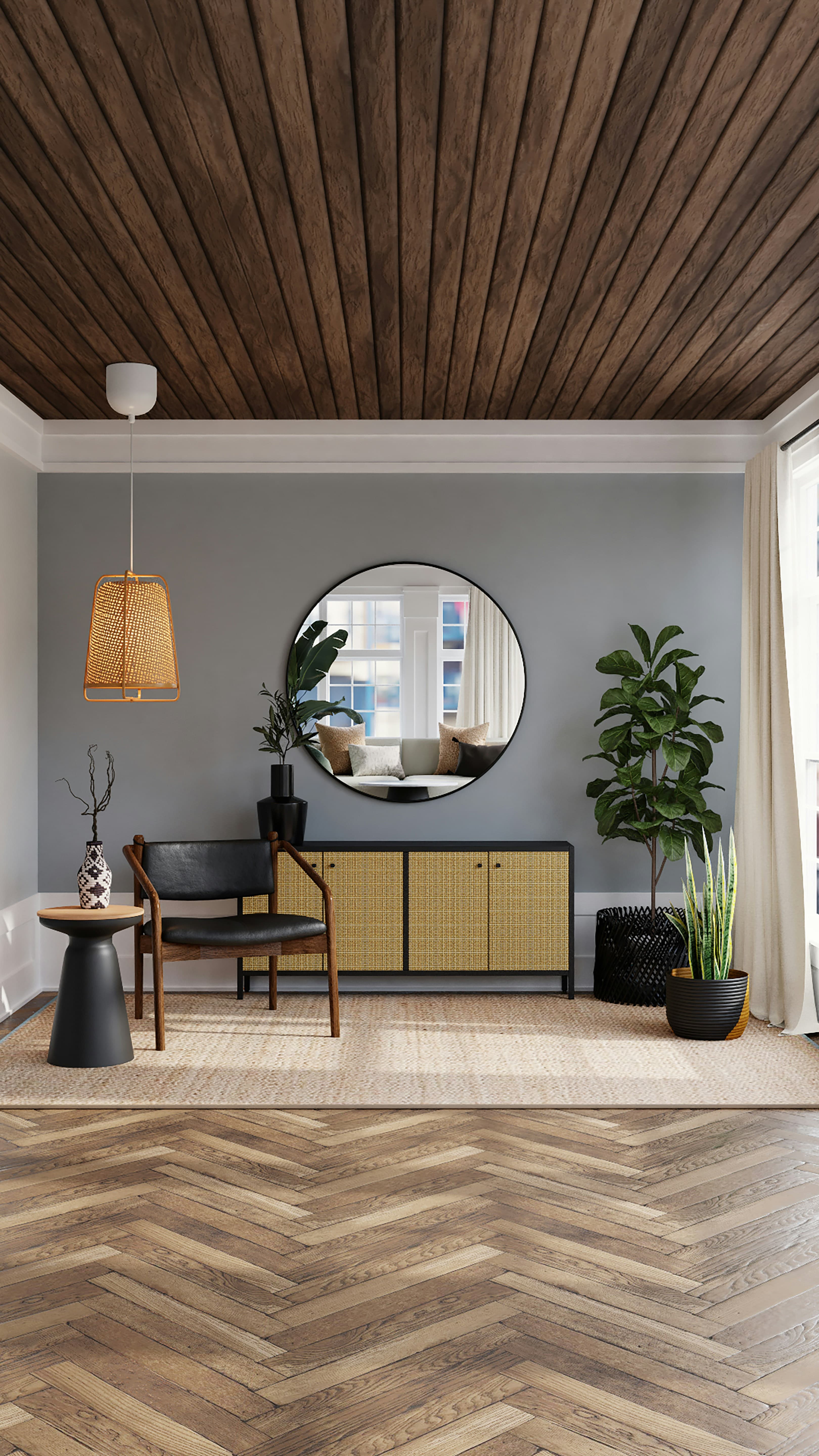 Aparador con puertas de rejilla natural y silla de madera con piel negra